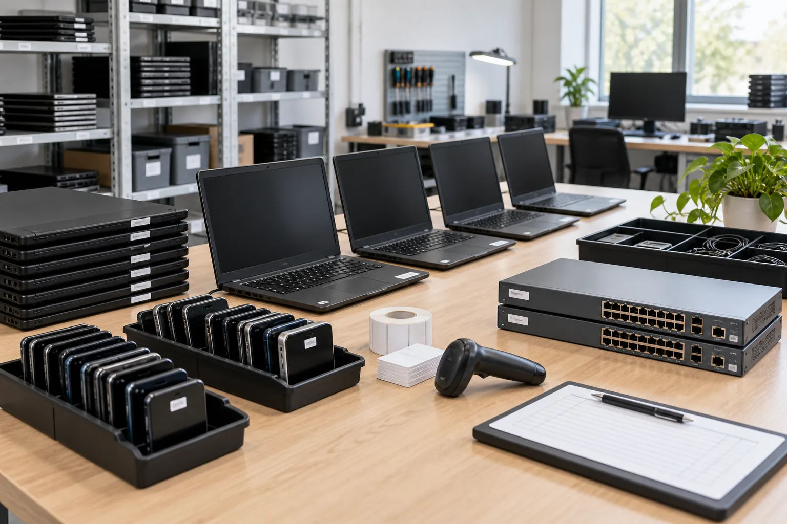 Atelier de tri avec ordinateurs portables et smartphones alignés sur un établi