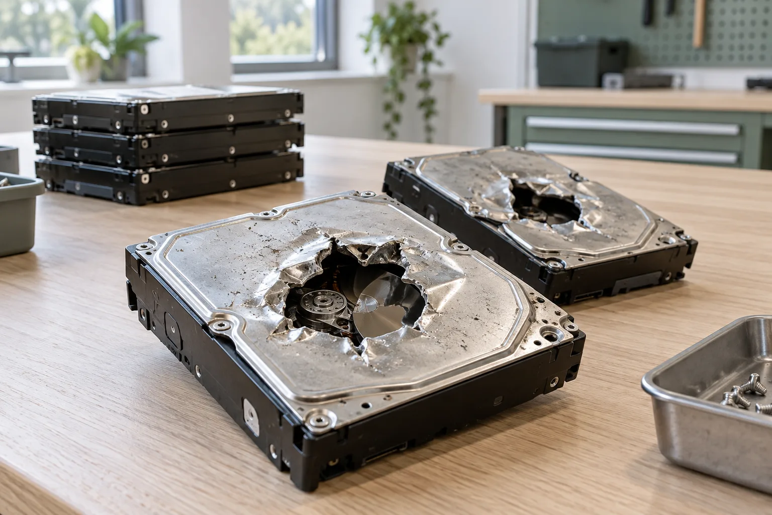 Illustration de deux disques durs HDD perforés et endommagés sur un établi