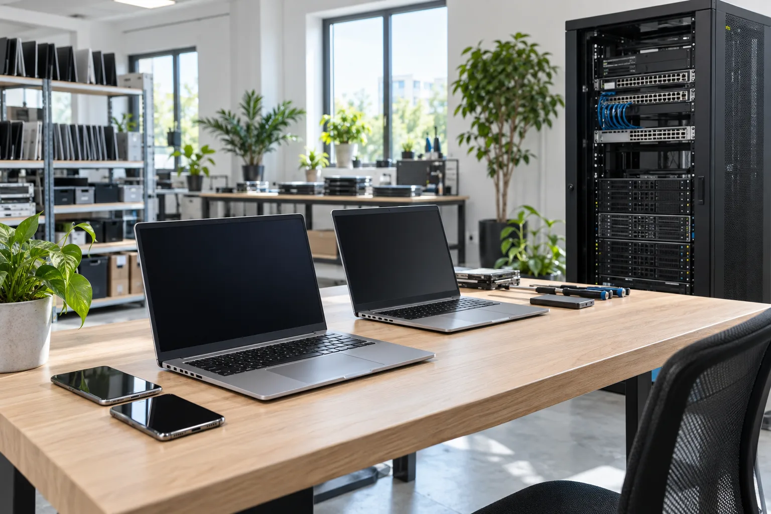 Ordinateurs portables et équipements réseau dans un espace IT lumineux