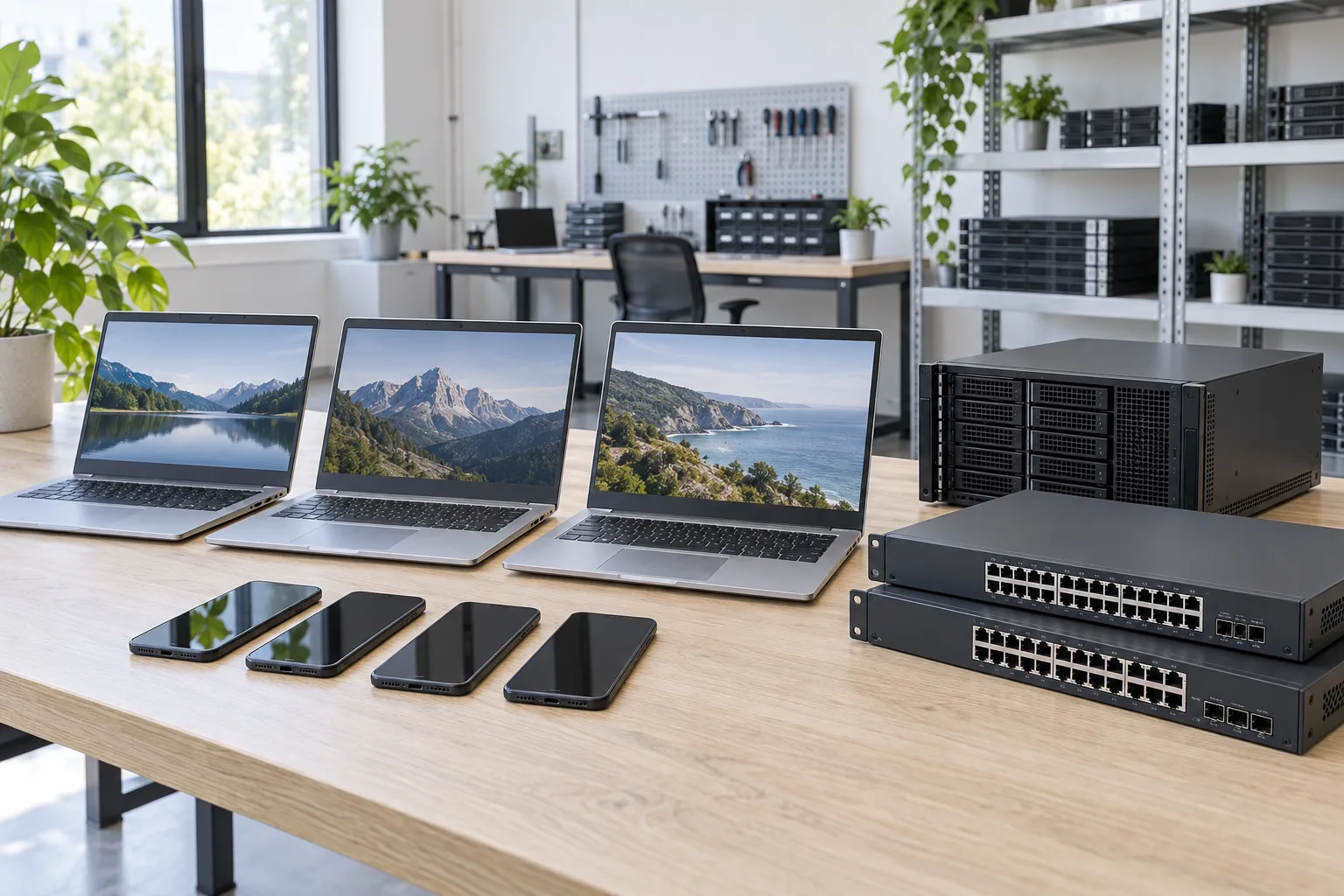 Parc de laptops, smartphones et équipements réseau préparés pour le réemploi